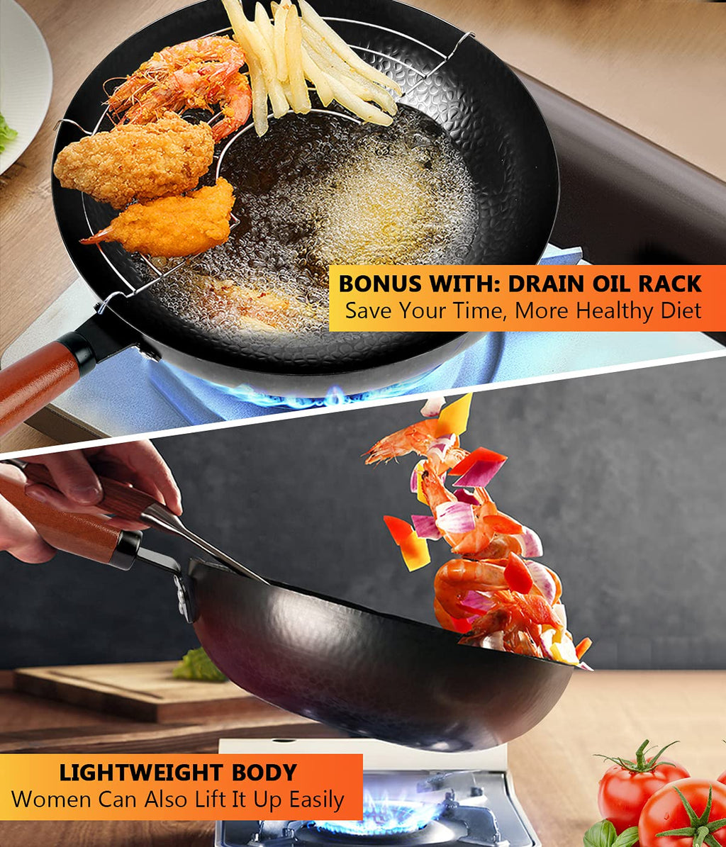 14 Piece Carbon Steel Wok Pan Set with Wooden Lid J184678