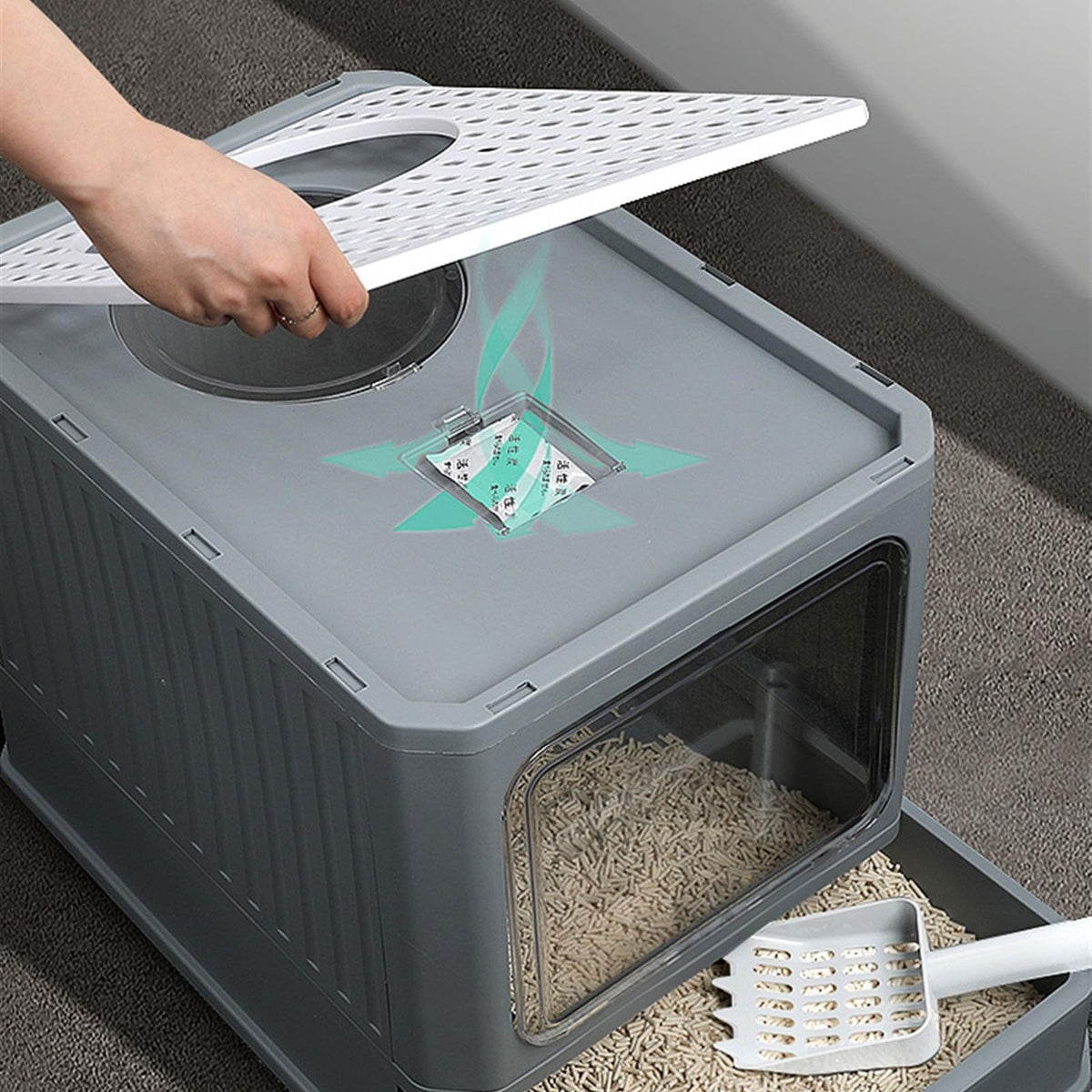 Enclosed Foldable Cat Litter Box with Lid H476995