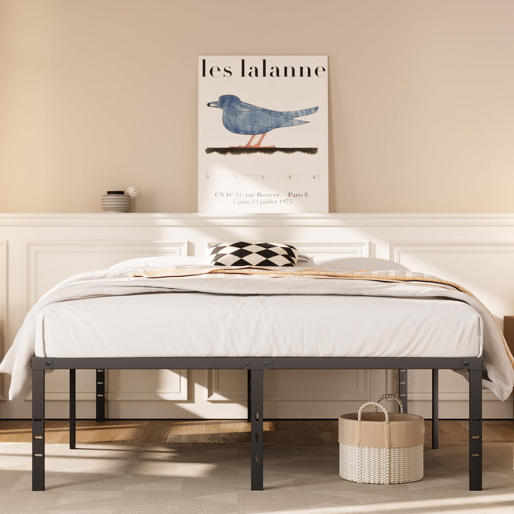Queen Size Platform Bed Frame Steel Slat Support Black R2649