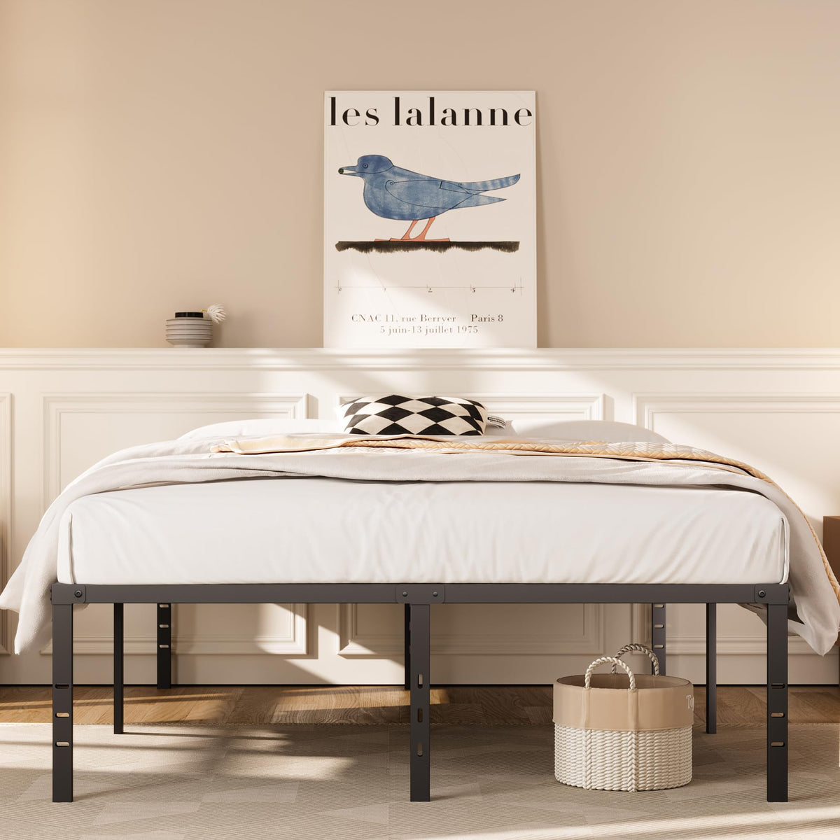Queen Size Platform Bed Frame Steel Slat Support Black R2649