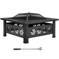 32 Inch Square Wood Burning Fire Pit Table with Spark Screen Lid and Fire Poker N490