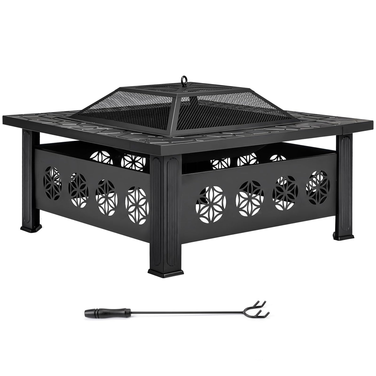 32 Inch Square Wood Burning Fire Pit Table with Spark Screen Lid and Fire Poker N490