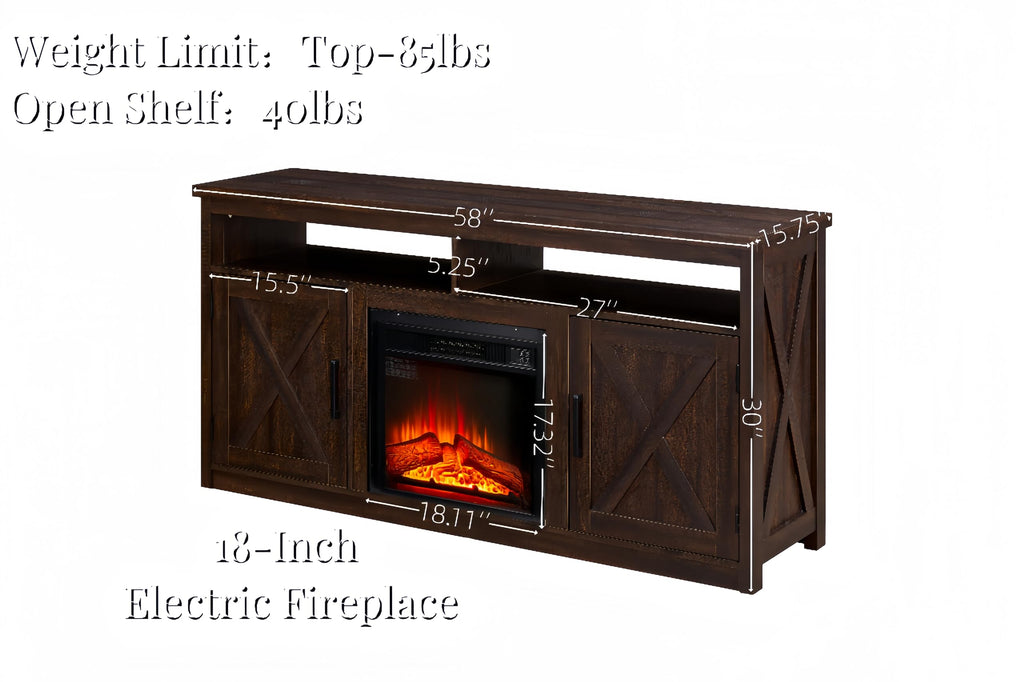 Farmhouse TV Media Stand with 18" Fireplace Insert, Espresso X16712
