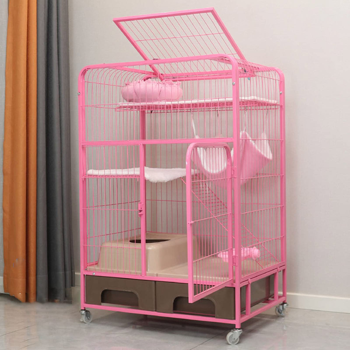 Pink Folding Metal Cat Cage Dog Crate with Four Wheels H2754