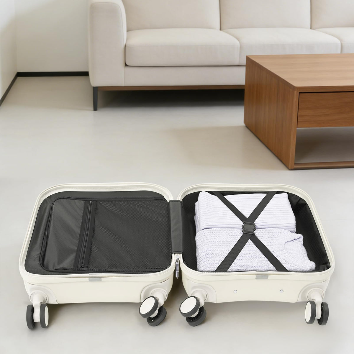 Pearl White 18In Hardside Rolling Suitcase with Cup Holder & USB Port D287284