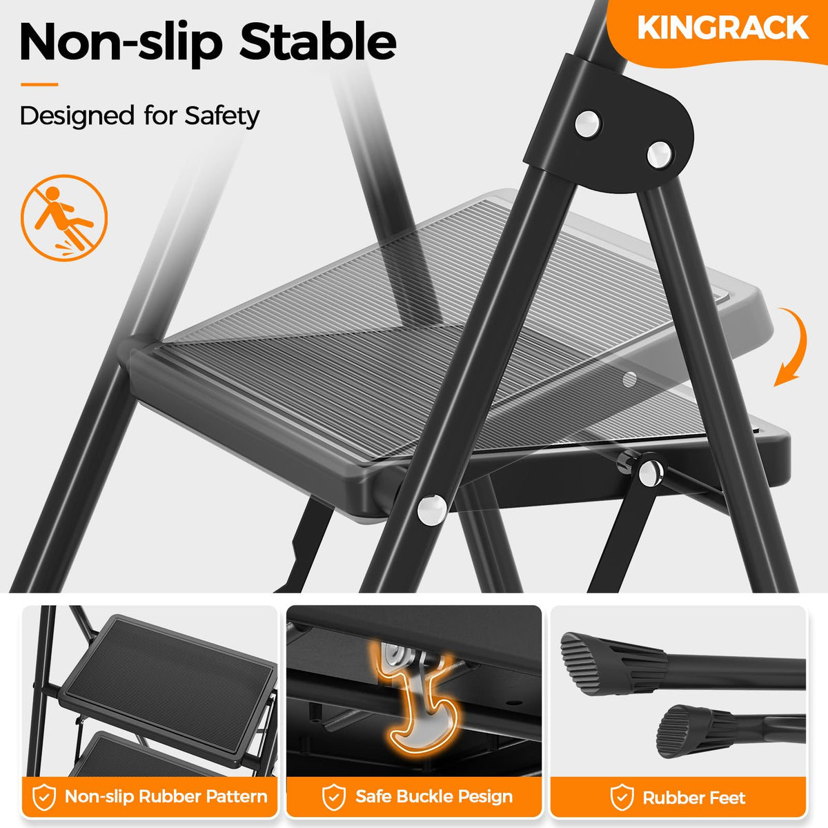 2 Step Folding Step Stool with Handrail Black Z8045