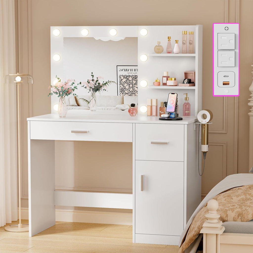 White Vanity Desk with Mirror & Charging Station Z340487