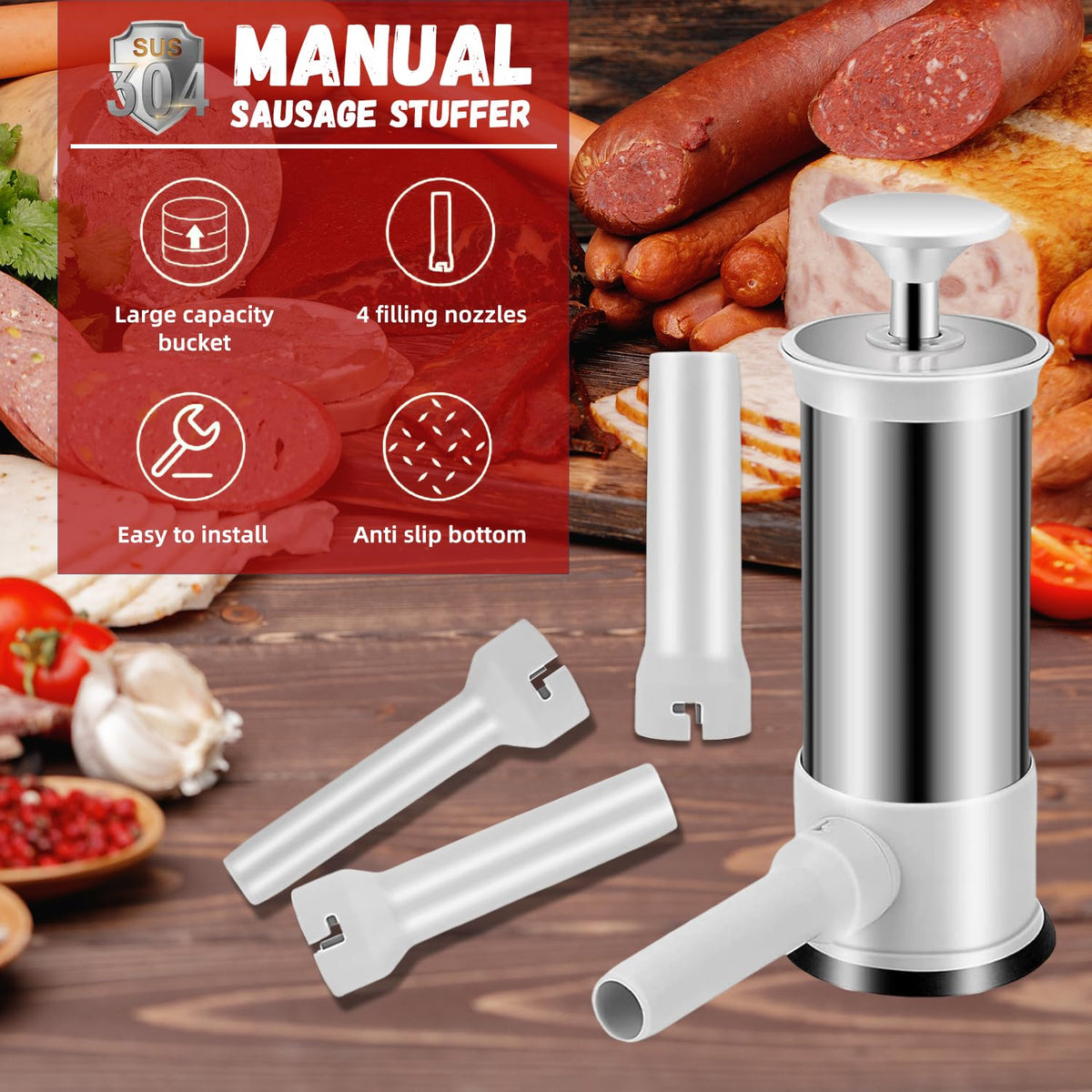 2.2lb Stainless Steel Sausage Stuffer with 4 Stuffing Tubes N88318