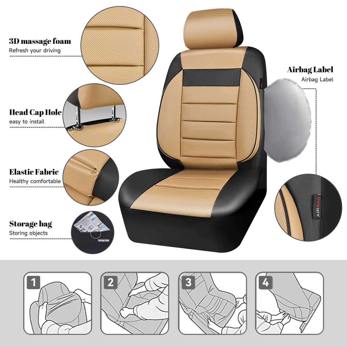Leather Seat Covers Full Set Universal Water Resistant Beige Black O108