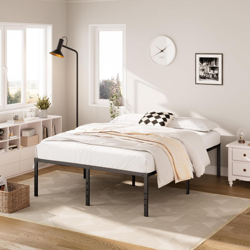 Queen Size Platform Bed Frame Steel Slat Support Black R2649