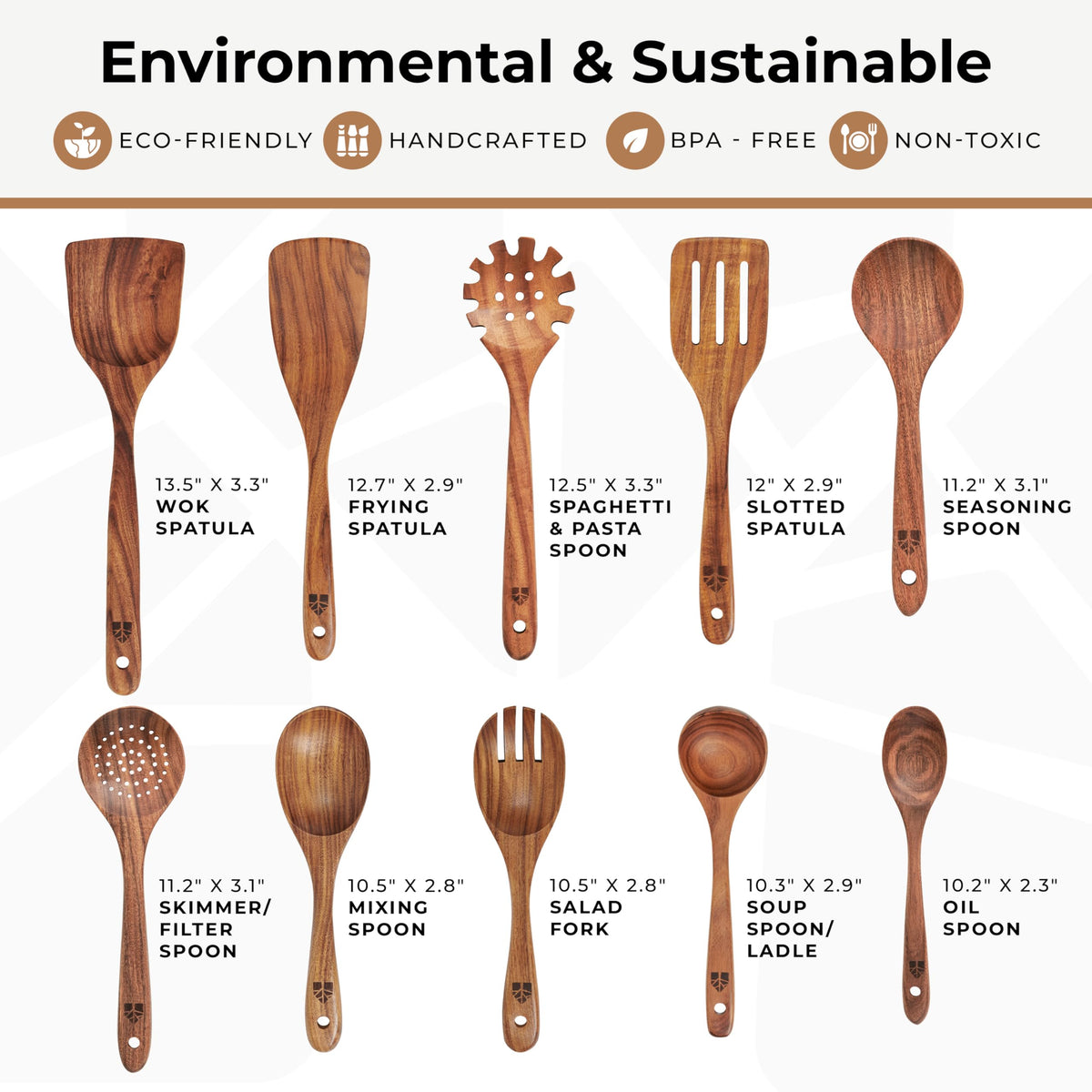 10 Pcs Non Toxic Teak Wooden Kitchen Utensils Set P51075