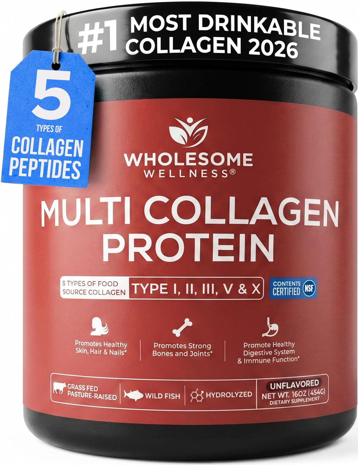 Multi Collagen Peptides Protein Powder, 5 Types Hydrolyzed, Grass-Fed, Non-GMO, Unflavored Y646
