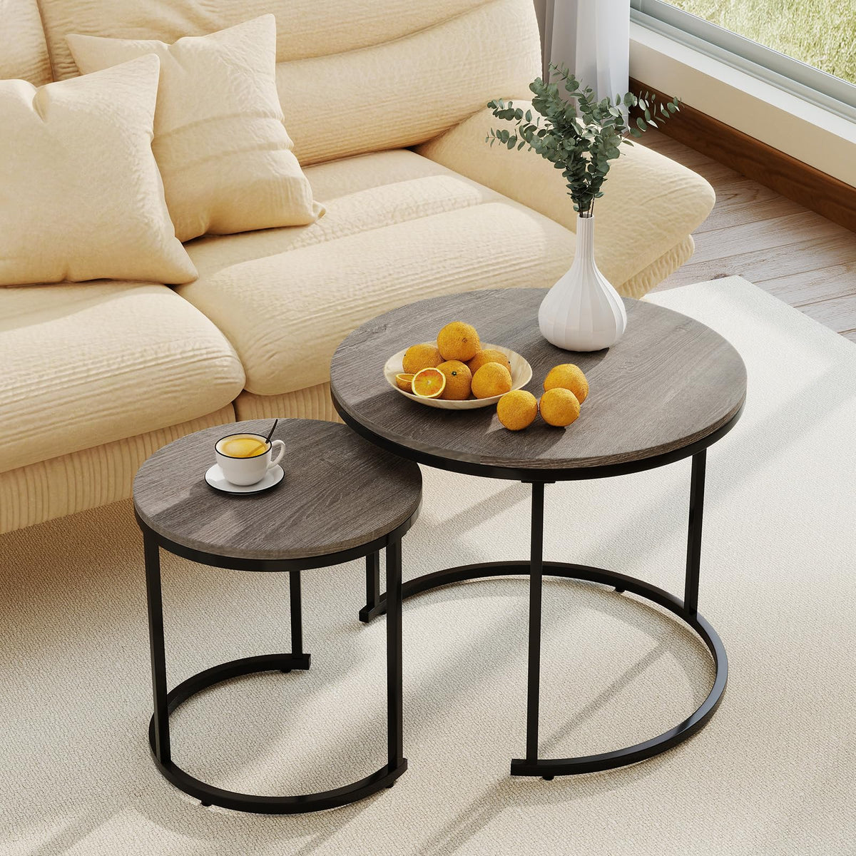 Round Nesting Coffee Table Set of 2 Grey Oak I901581