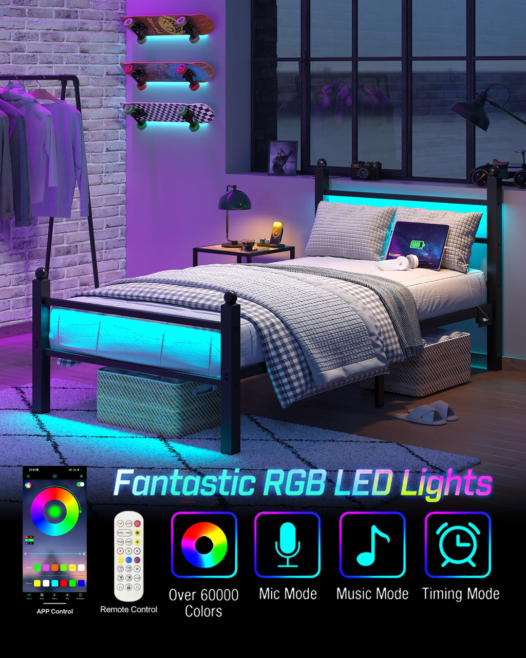Black Twin Bed Frame with LED Lights and Charging Station O495