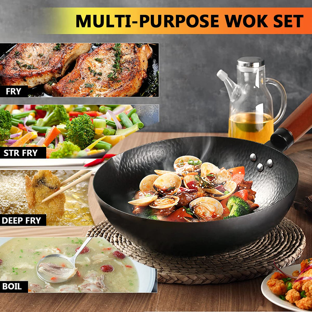 14 Piece Carbon Steel Wok Pan Set with Wooden Lid J184678