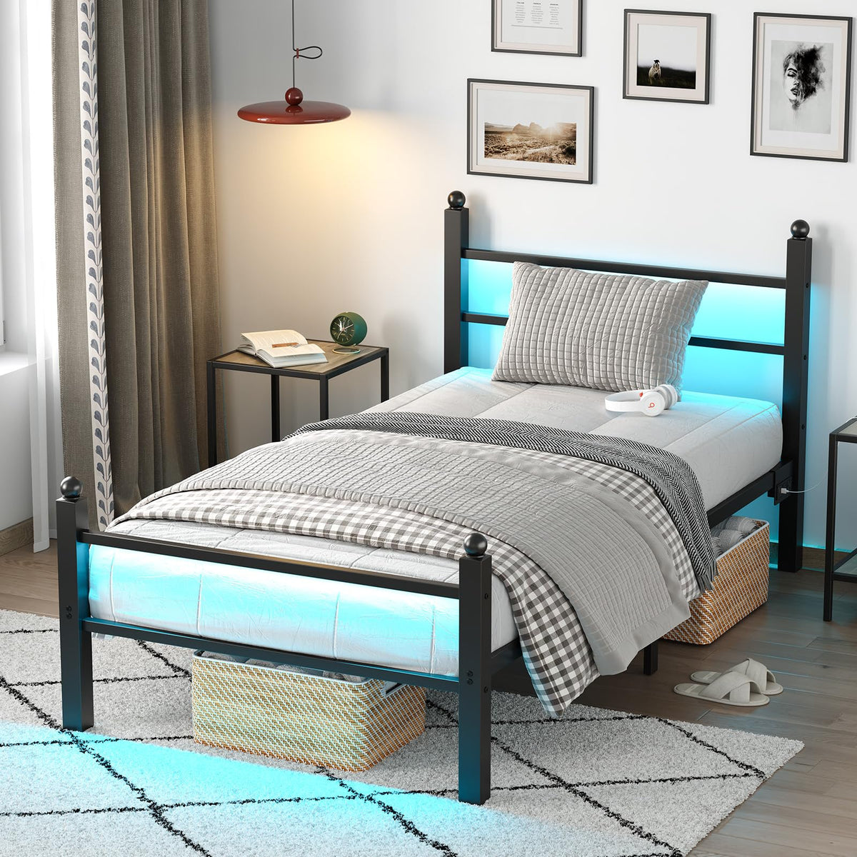 Black Twin Bed Frame with LED Lights and Charging Station O495