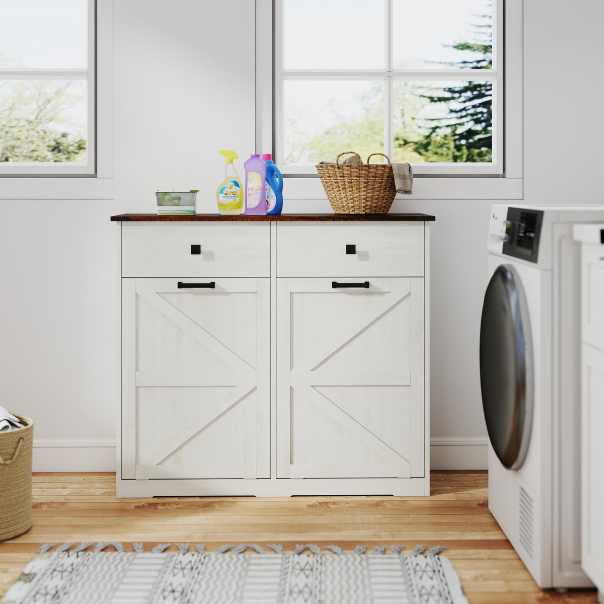 Antique White Double Tilt Out Trash Cabinet with 2 Drawers E97088