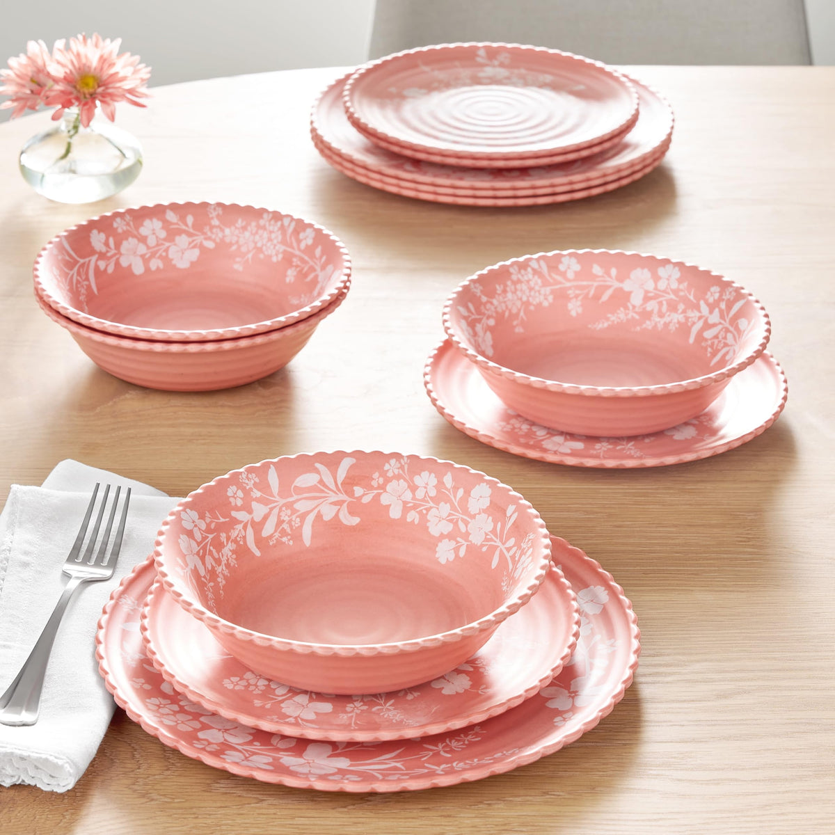 12-Piece Pink Bamboo Melamine Dinnerware Set Y12235