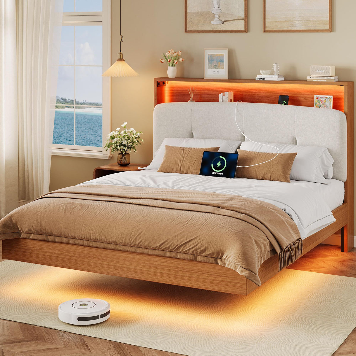 Full Size Floating Bed Frame with LED Light and Charging Station G8148