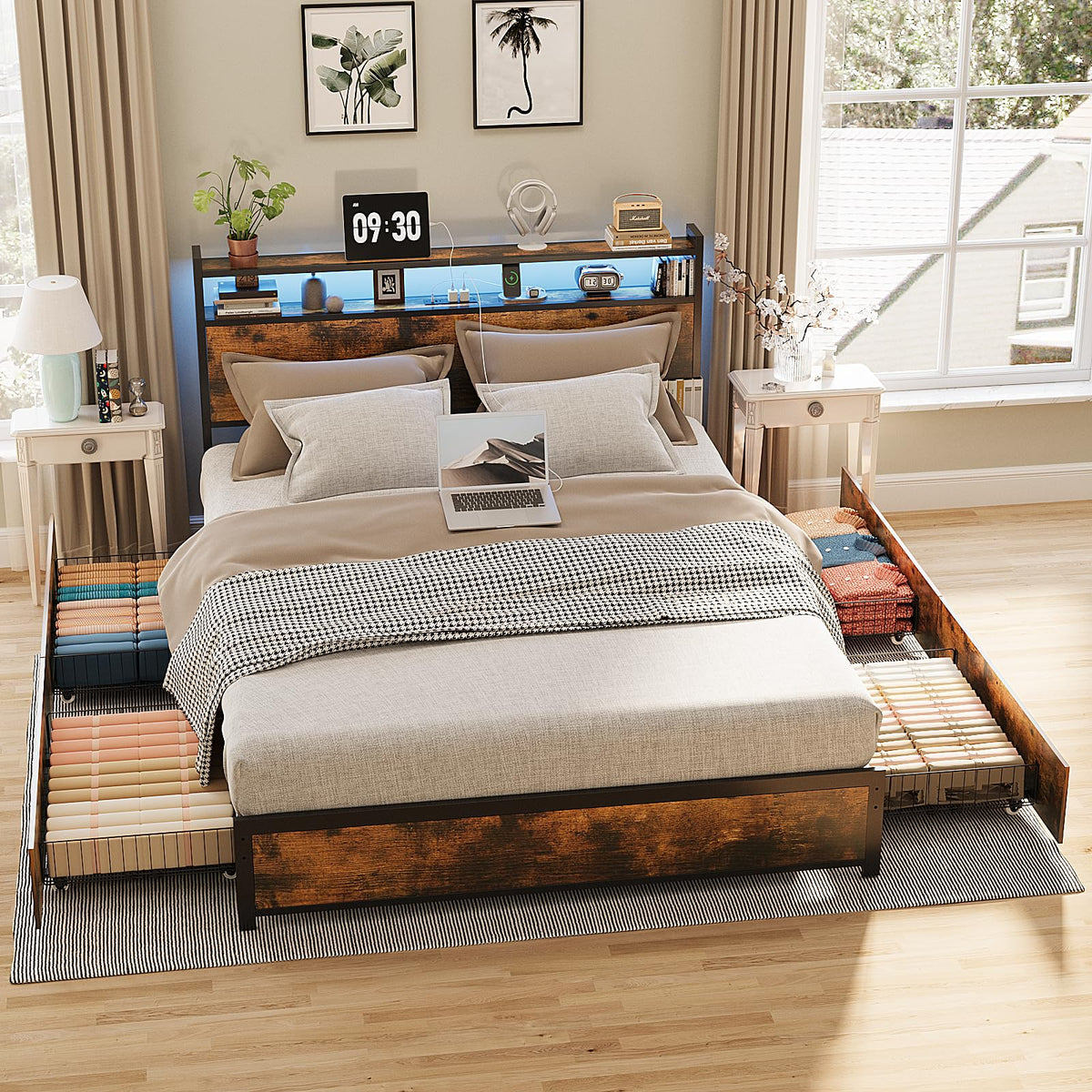 King Size Metal Platform Bed Frame with 4 Storage Drawers P31248