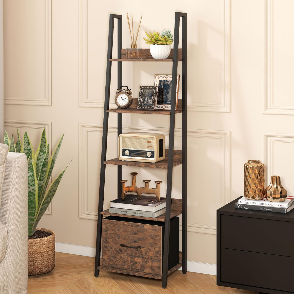 5-Tier Ladder Bookshelf with Fabric Drawer L26614
