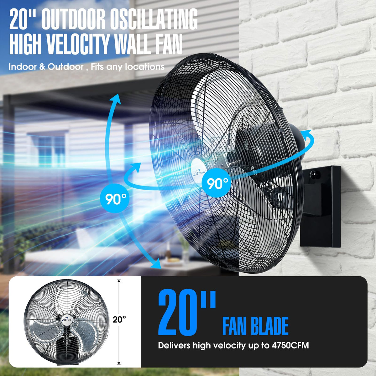 20" Outdoor Oscillating High Velocity Wall Fan, Black C864923