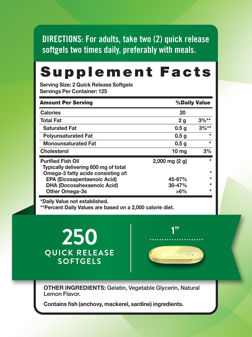 Fish Oil 2000 mg 600 mg Omega 3 250 Softgels M13105