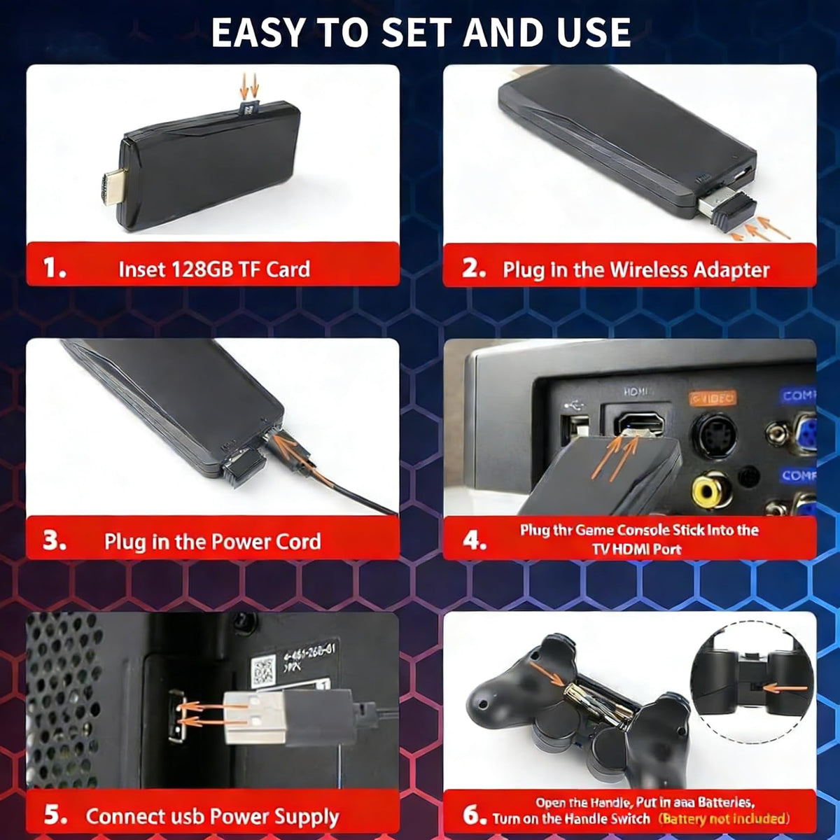 Wireless Retro Game Console 128G Plug & Play Video Game Stick with 2.4G Wireless Controller E7826