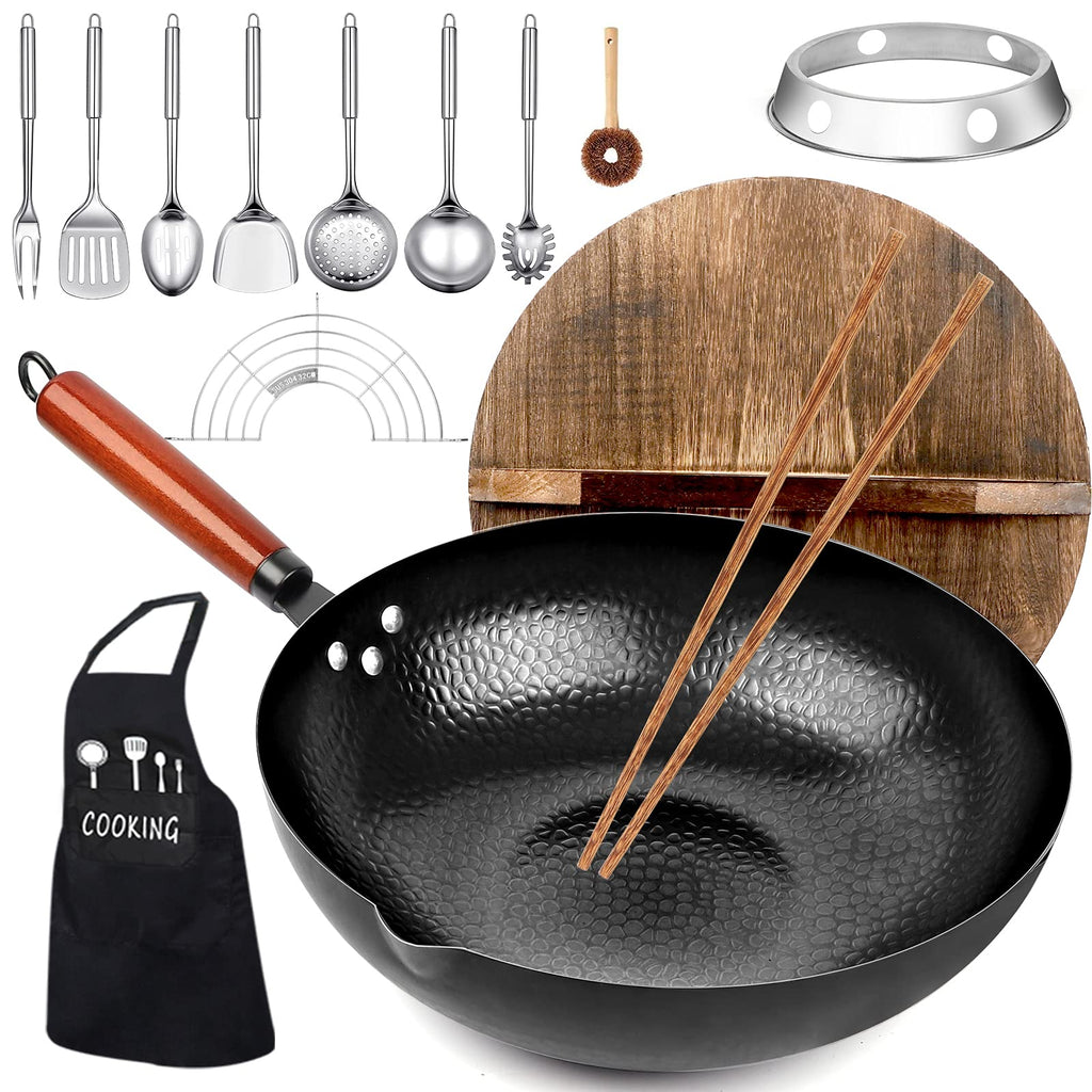 14 Piece Carbon Steel Wok Pan Set with Wooden Lid J184678
