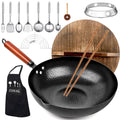 14 Piece Carbon Steel Wok Pan Set with Wooden Lid J184678