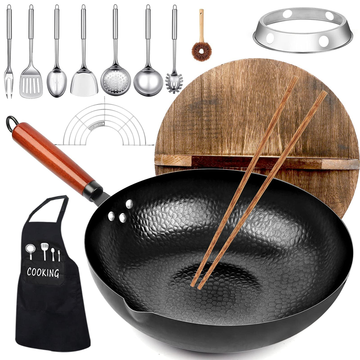 14 Piece Carbon Steel Wok Pan Set with Wooden Lid J184678
