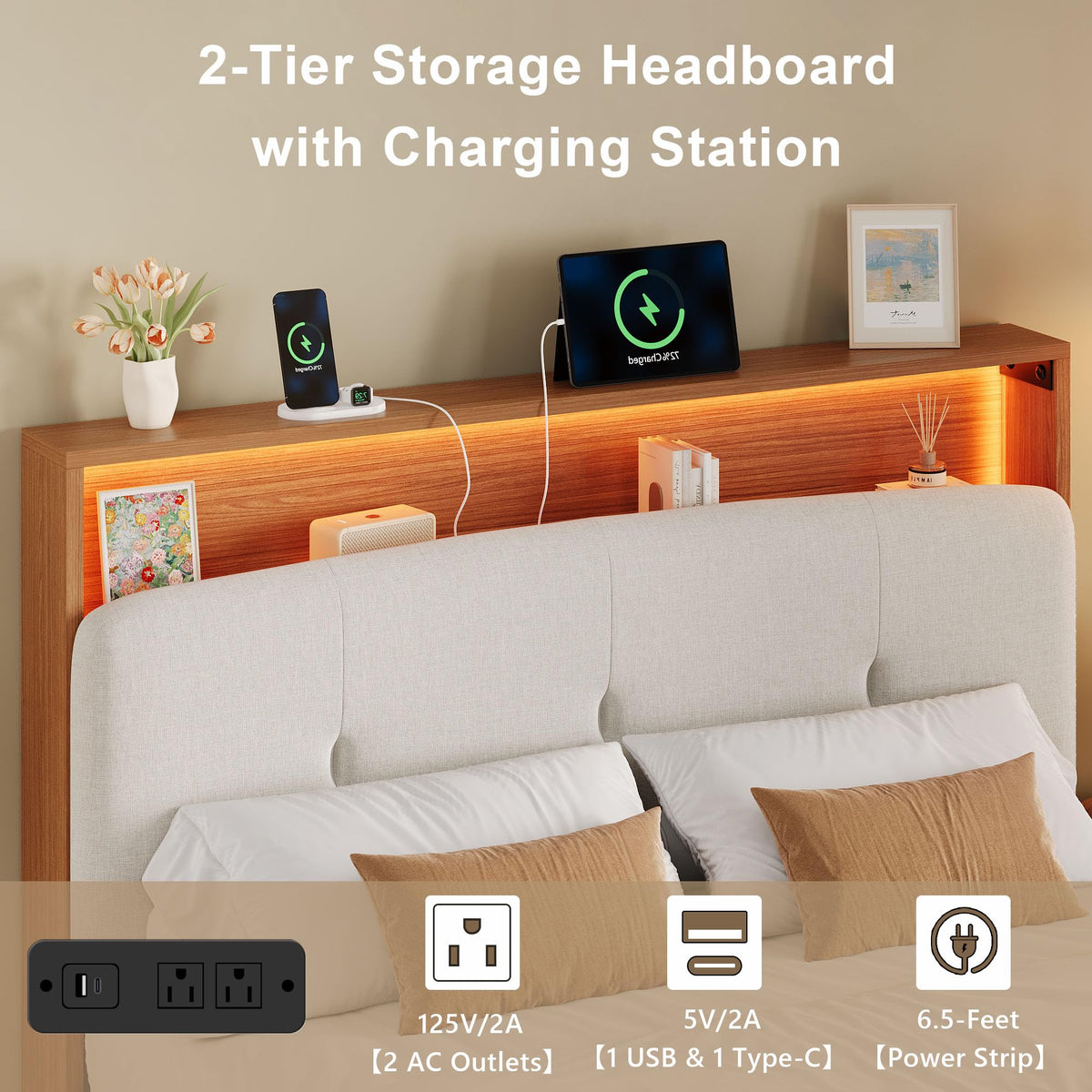Full Size Floating Bed Frame with LED Light and Charging Station G8148