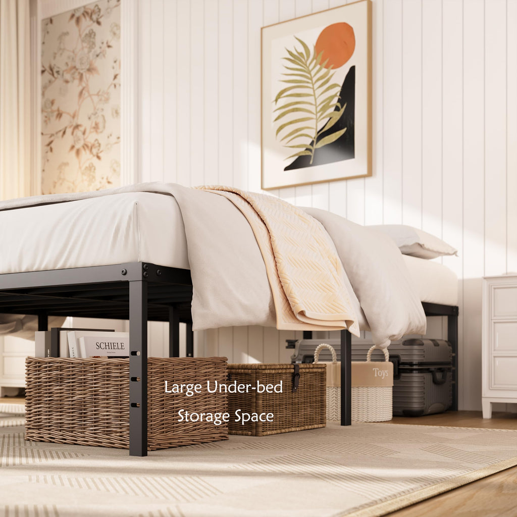 Queen Size Platform Bed Frame Steel Slat Support Black R2649
