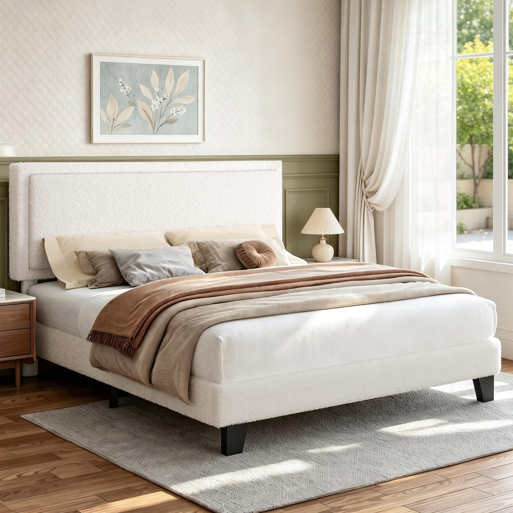 White Queen Size Upholstered Platform Bed Frame with Adjustable Headboard H31231