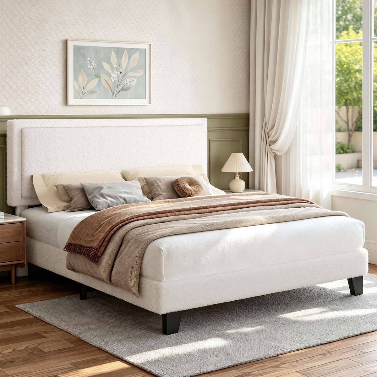 White Queen Size Upholstered Platform Bed Frame with Adjustable Headboard H31231