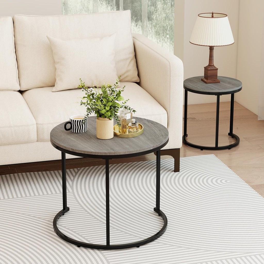 Round Nesting Coffee Table Set of 2 Grey Oak I901581