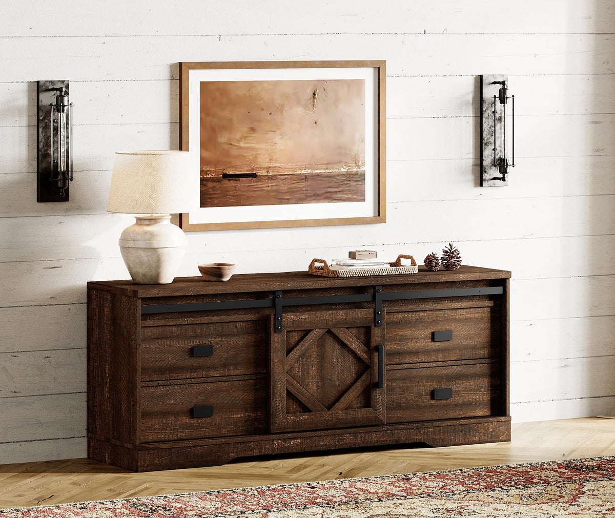 60 inch Farmhouse TV Stand with Drawers & Storage Cabinet Z15425