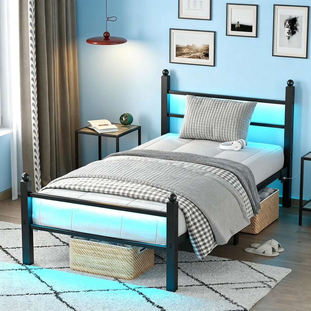 Black Twin Bed Frame with LED Lights and Charging Station O495