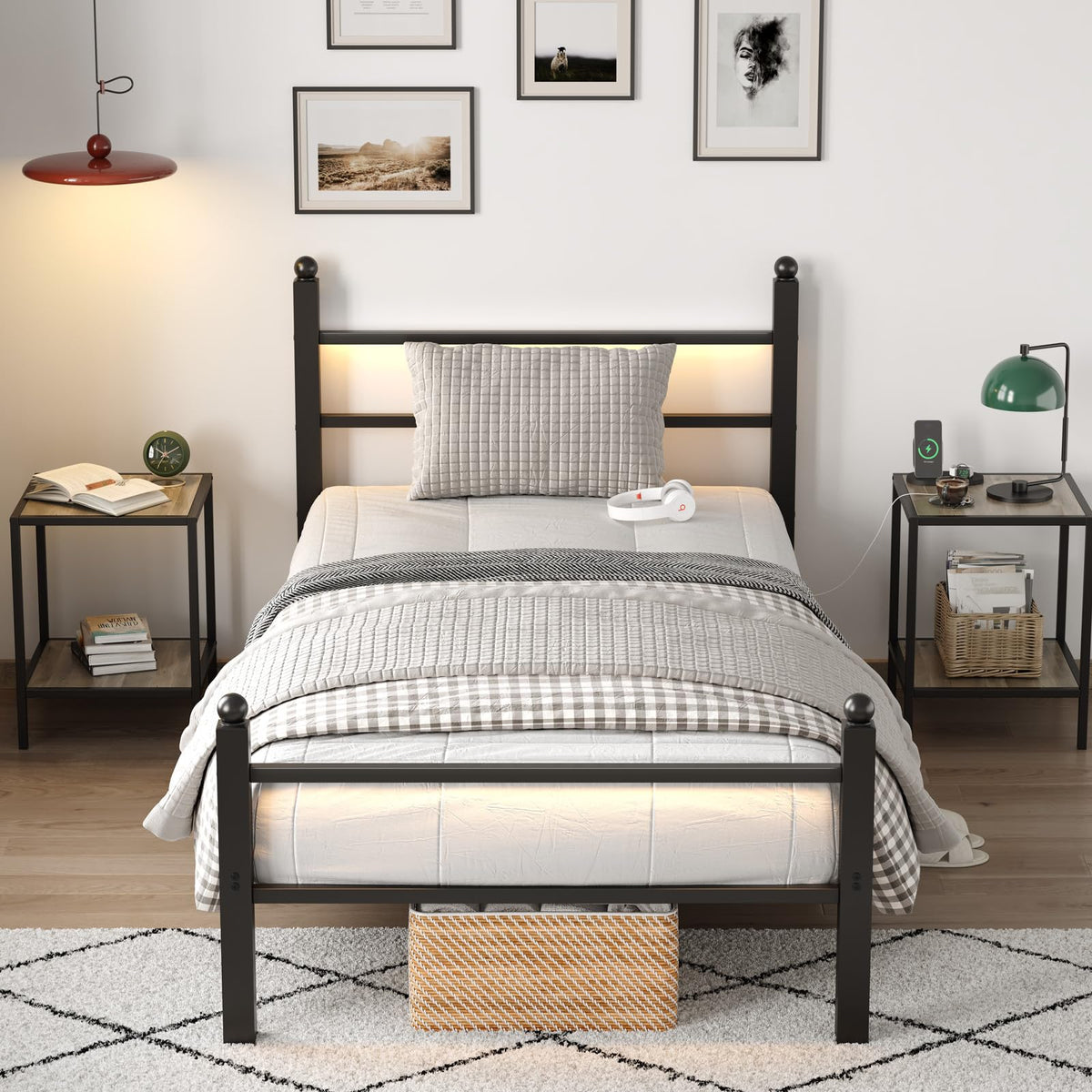 Black Twin Bed Frame with LED Lights and Charging Station O495