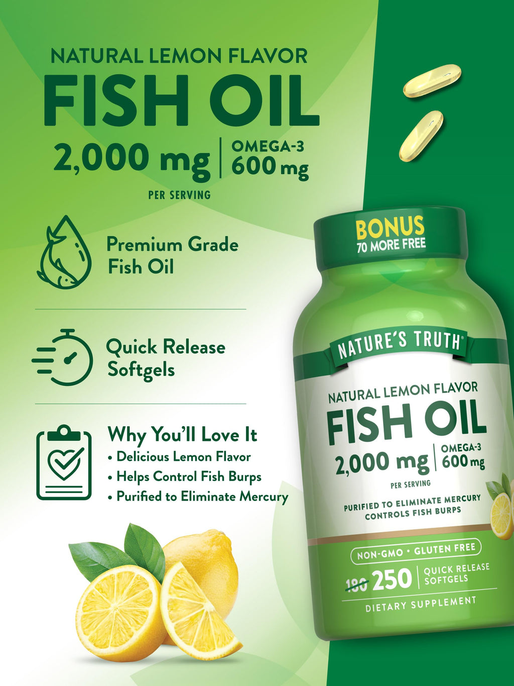 Fish Oil 2000 mg 600 mg Omega 3 250 Softgels M13105