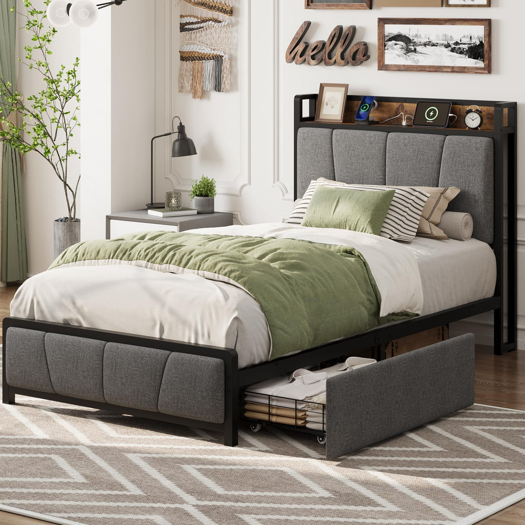 Gray Twin Size Bed Frame with 2 Drawers G870