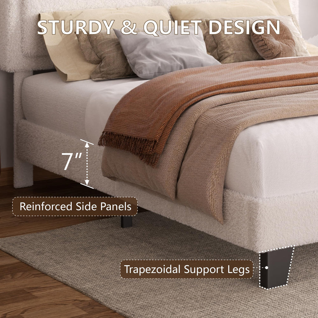 White Queen Size Upholstered Platform Bed Frame with Adjustable Headboard H31231