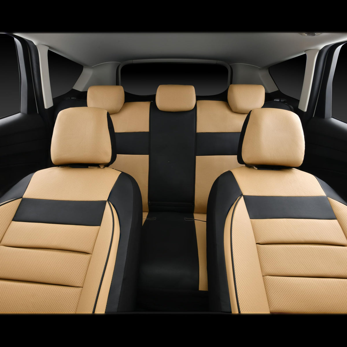 Leather Seat Covers Full Set Universal Water Resistant Beige Black O108