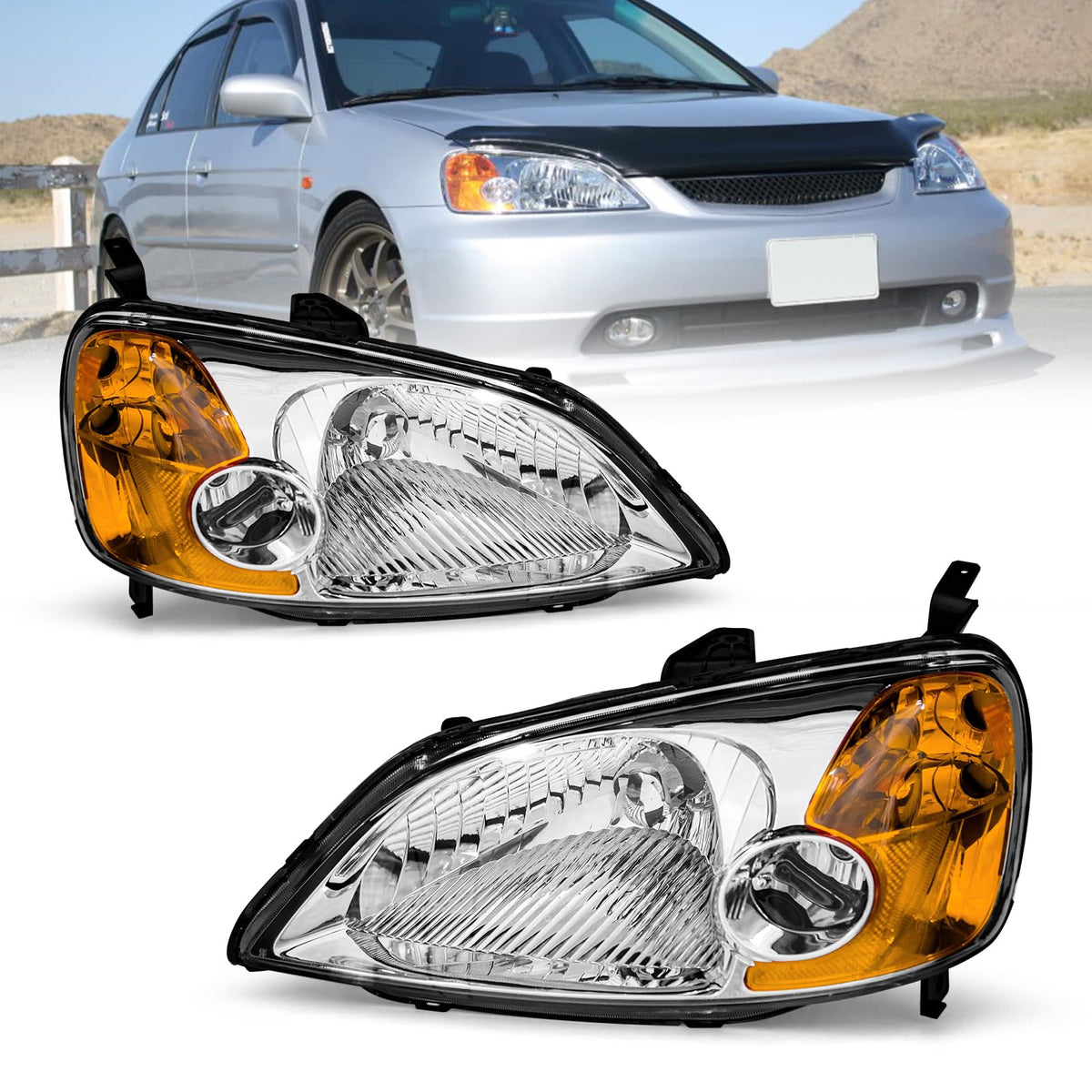 Headlight Assembly with Chrome Housing Amber Reflector Driver and Passenger Side M6575