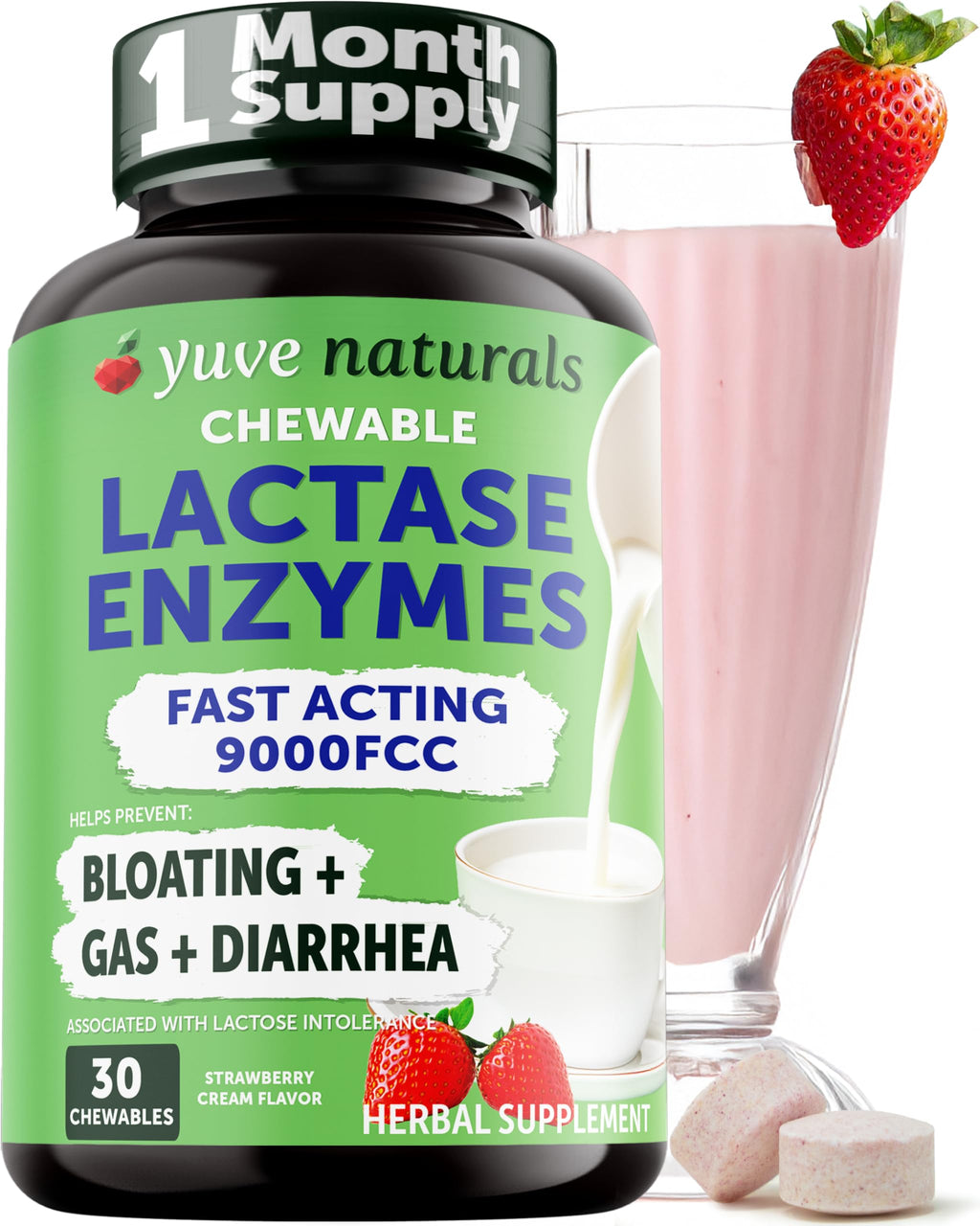 Strawberry Cream Flavor Lactase Enzyme 9000 FCC Chewables 30ct V314422