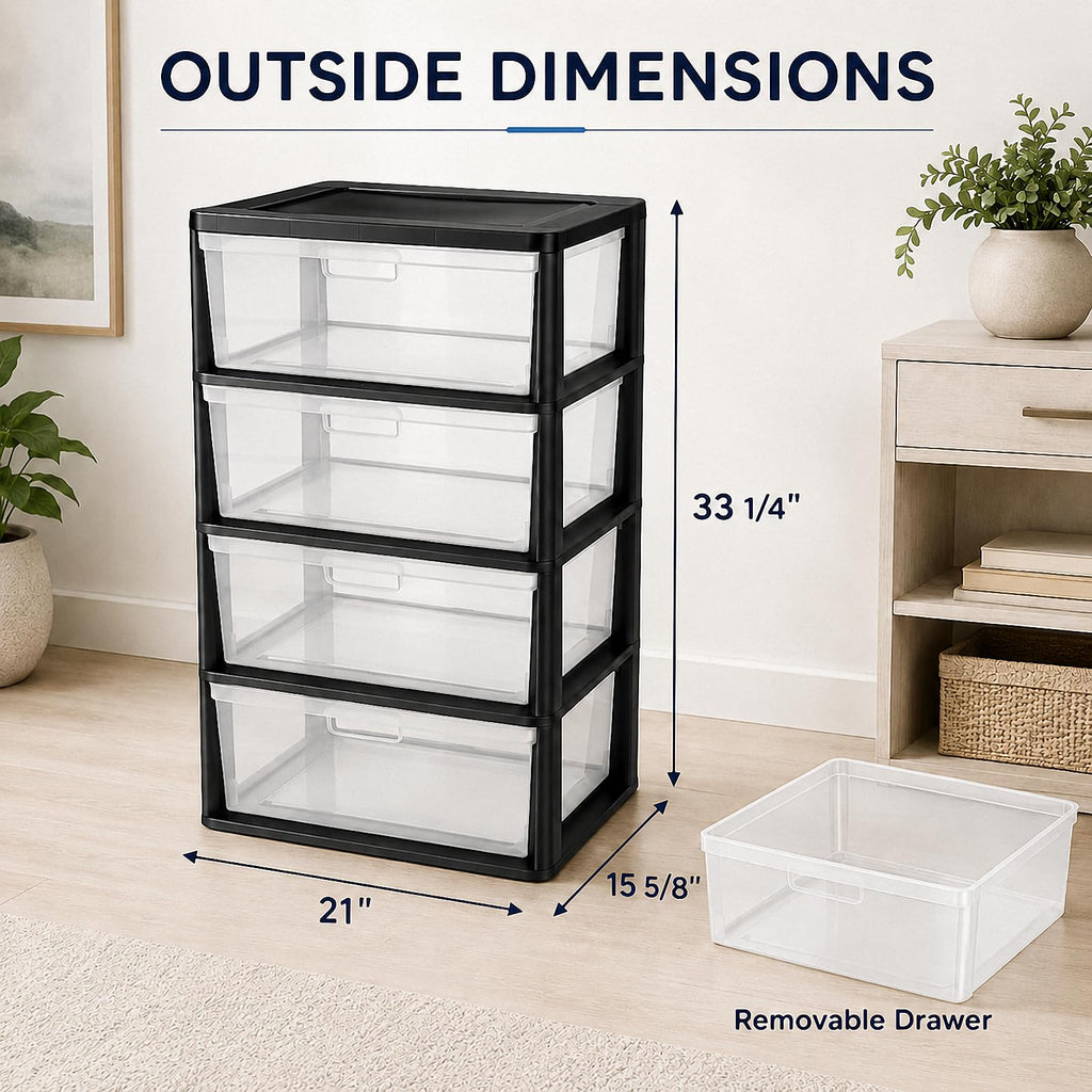 Wide 4 Drawer Plastic Storage Tower Organizer C905