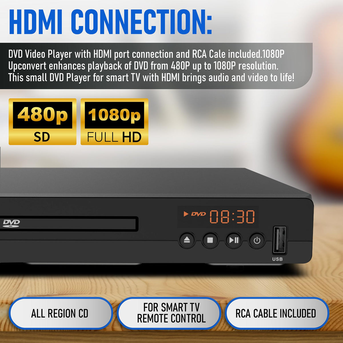 DVD Player with HDMI Port 1080P All Region USB Input Remote Control X48091