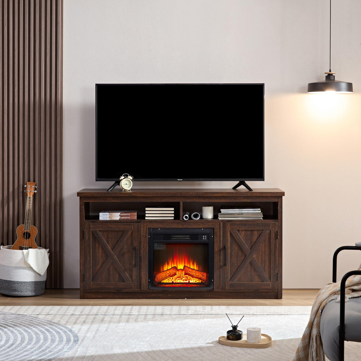Farmhouse TV Media Stand with 18" Fireplace Insert, Espresso X16712