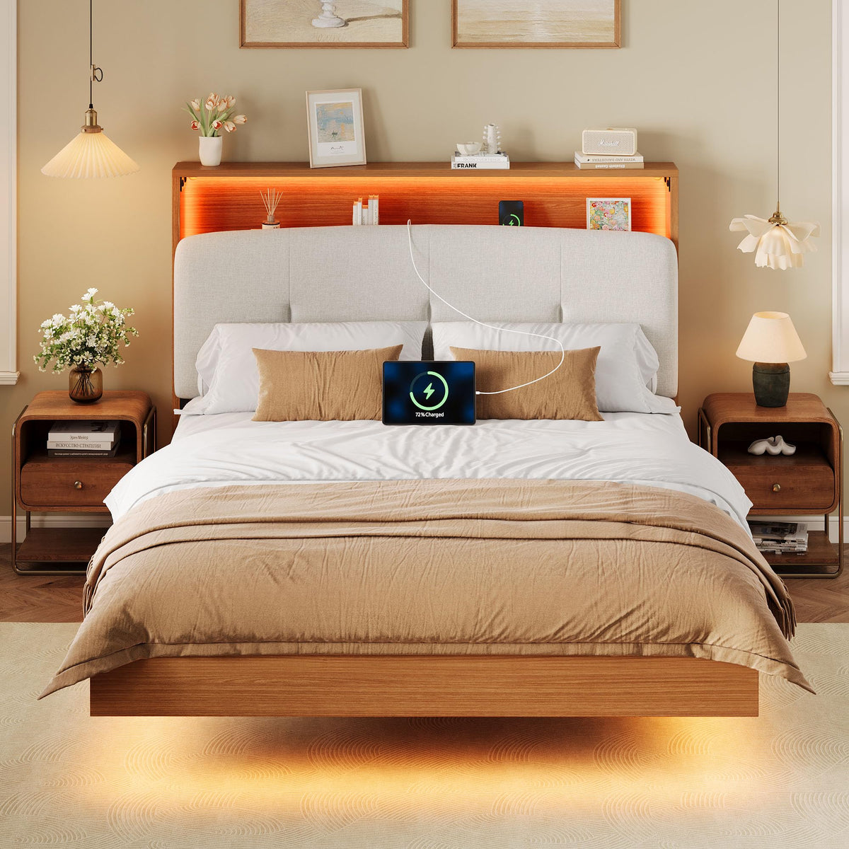 Full Size Floating Bed Frame with LED Light and Charging Station G8148