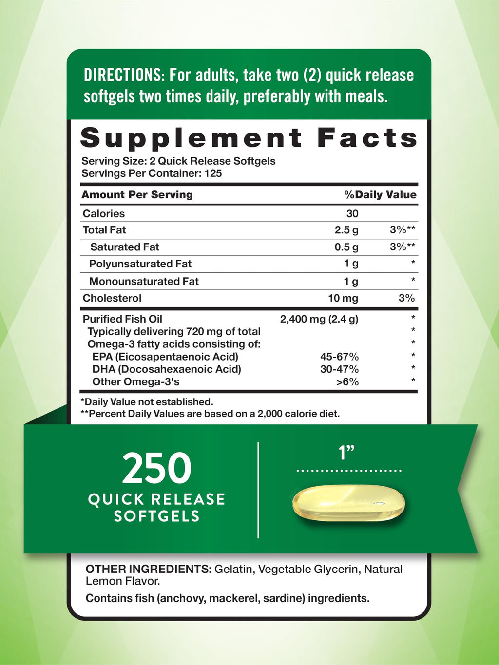 Fish Oil 2400mg 250 Softgels Omega 3 Q556